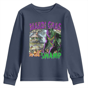 Funny Mardi Gras Rougarou Youth Sweatshirt Mardi Gras In Da Swamp Cryptids Of Louisiana TS11 Navy Print Your Wear