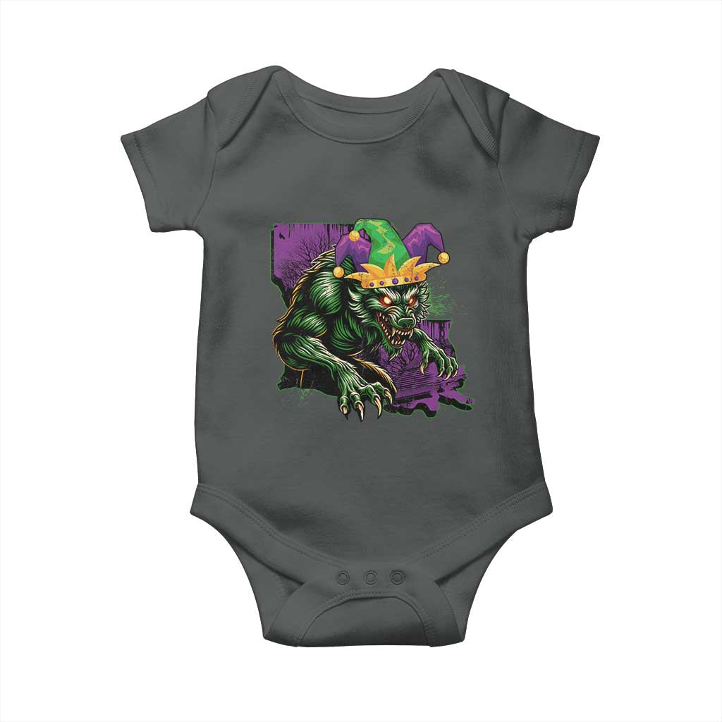 Funny Mardi Gras Rougarou Baby Onesie Cryptids Of Louisiana Jester Hat TS11 Dark Heather Print Your Wear