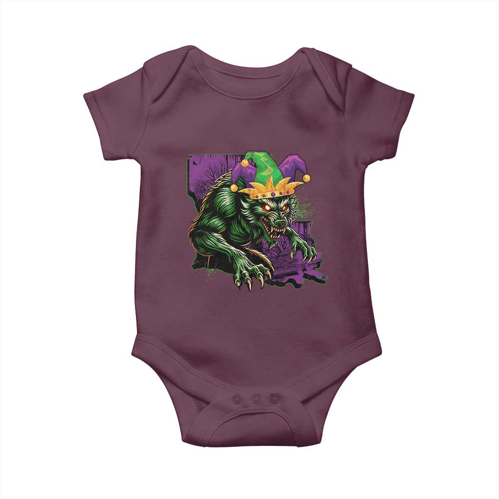 Funny Mardi Gras Rougarou Baby Onesie Cryptids Of Louisiana Jester Hat TS11 Maroon Print Your Wear
