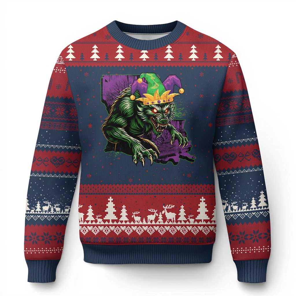 Funny Mardi Gras Rougarou Ugly Christmas Sweater Cryptids Of Louisiana Jester Hat TS11 Navy Red Print Your Wear