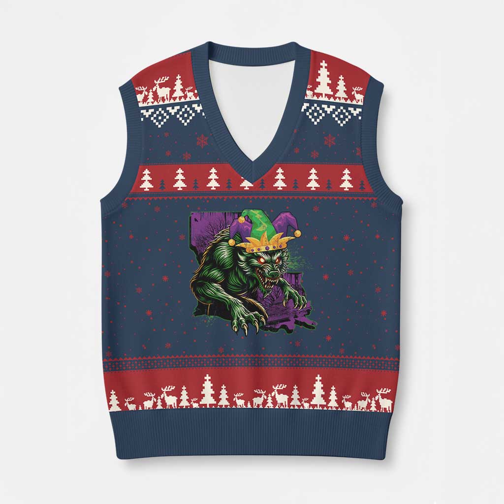 Funny Mardi Gras Rougarou V-Neck Knit Sweater Vest Cryptids Of Louisiana Jester Hat TS11 Navy Red Print Your Wear