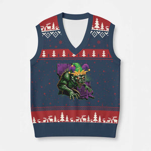 Funny Mardi Gras Rougarou V-Neck Knit Sweater Vest Cryptids Of Louisiana Jester Hat TS11 Navy Red Print Your Wear