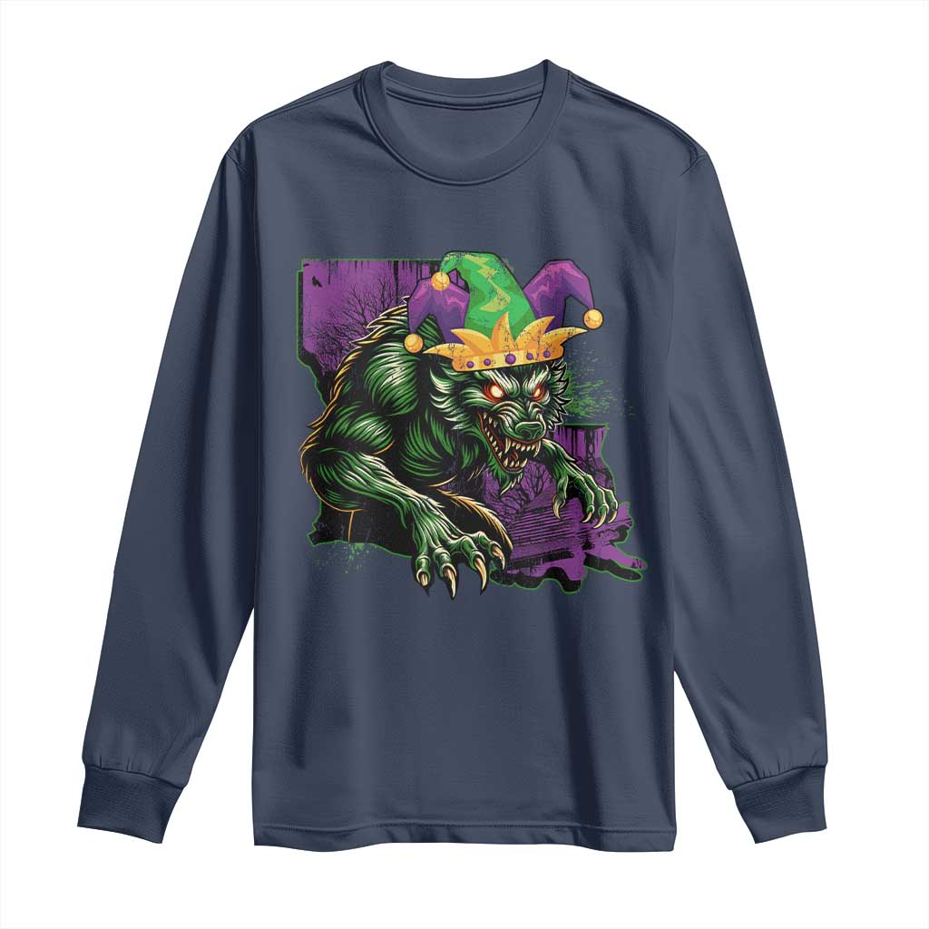 Funny Mardi Gras Rougarou Long Sleeve Shirt Cryptids Of Louisiana Jester Hat TS11 Navy Print Your Wear