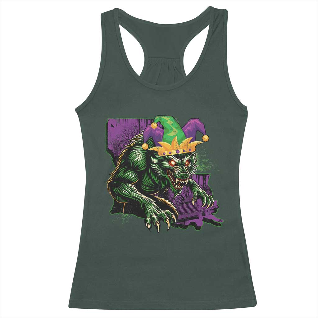 Funny Mardi Gras Rougarou Racerback Tank Top Cryptids Of Louisiana Jester Hat TS11 Dark Forest Green Print Your Wear