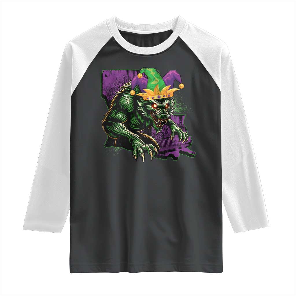Funny Mardi Gras Rougarou Raglan Shirt Cryptids Of Louisiana Jester Hat TS11 Black White Print Your Wear