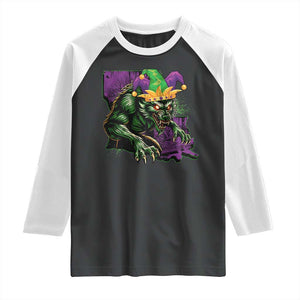 Funny Mardi Gras Rougarou Raglan Shirt Cryptids Of Louisiana Jester Hat TS11 Black White Print Your Wear