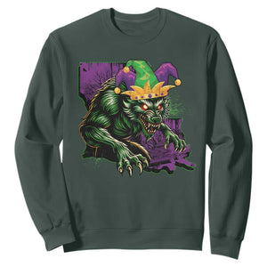 Funny Mardi Gras Rougarou Sweatshirt Cryptids Of Louisiana Jester Hat TS11 Dark Forest Green Print Your Wear