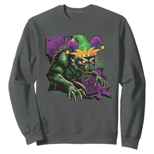 Funny Mardi Gras Rougarou Sweatshirt Cryptids Of Louisiana Jester Hat TS11 Dark Heather Print Your Wear