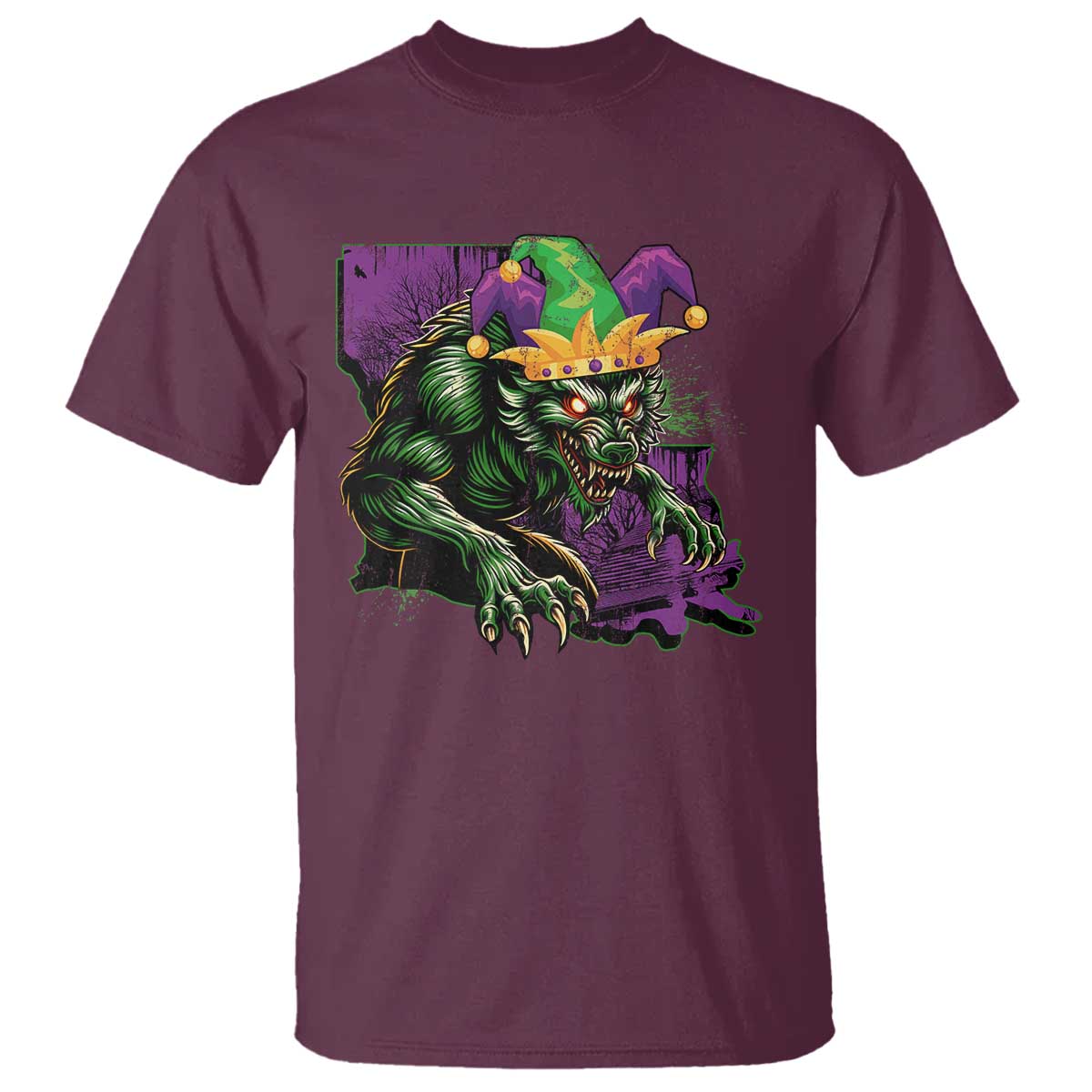 Funny Mardi Gras Rougarou T Shirt Cryptids Of Louisiana Jester Hat TS11 Maroon Print Your Wear