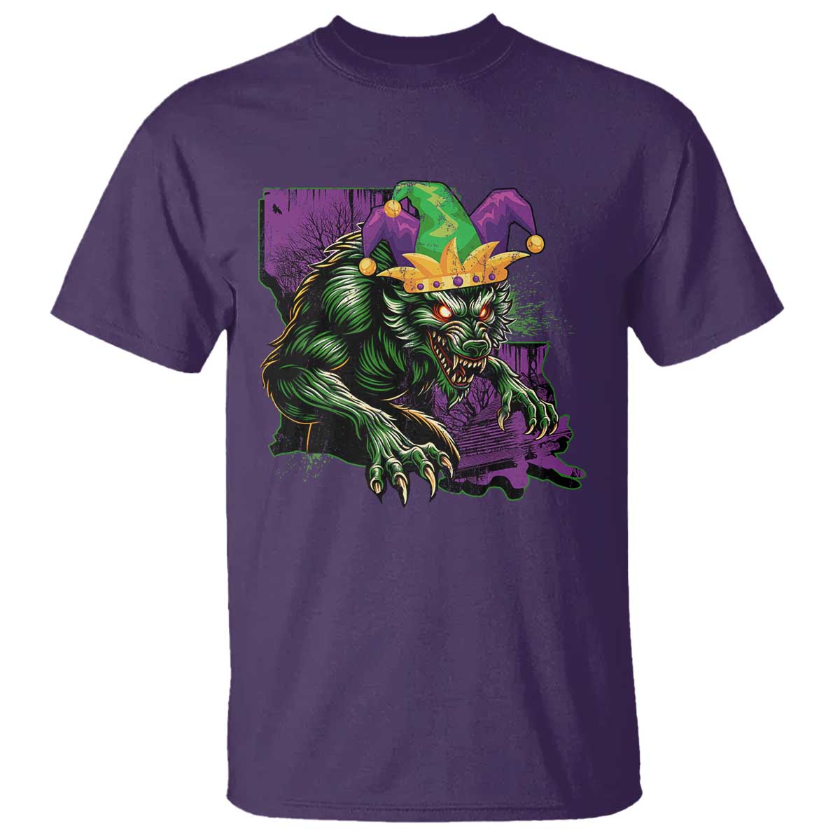 Funny Mardi Gras Rougarou T Shirt Cryptids Of Louisiana Jester Hat TS11 Purple Print Your Wear