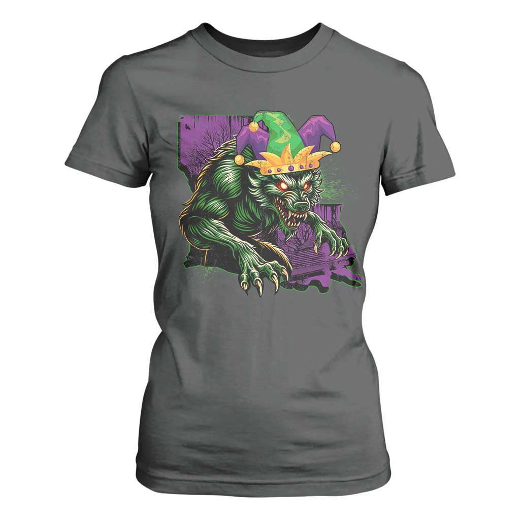Funny Mardi Gras Rougarou T Shirt For Women Cryptids Of Louisiana Jester Hat TS11 Dark Heather Print Your Wear