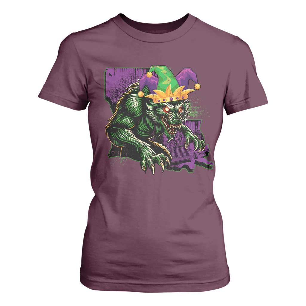 Funny Mardi Gras Rougarou T Shirt For Women Cryptids Of Louisiana Jester Hat TS11 Maroon Print Your Wear