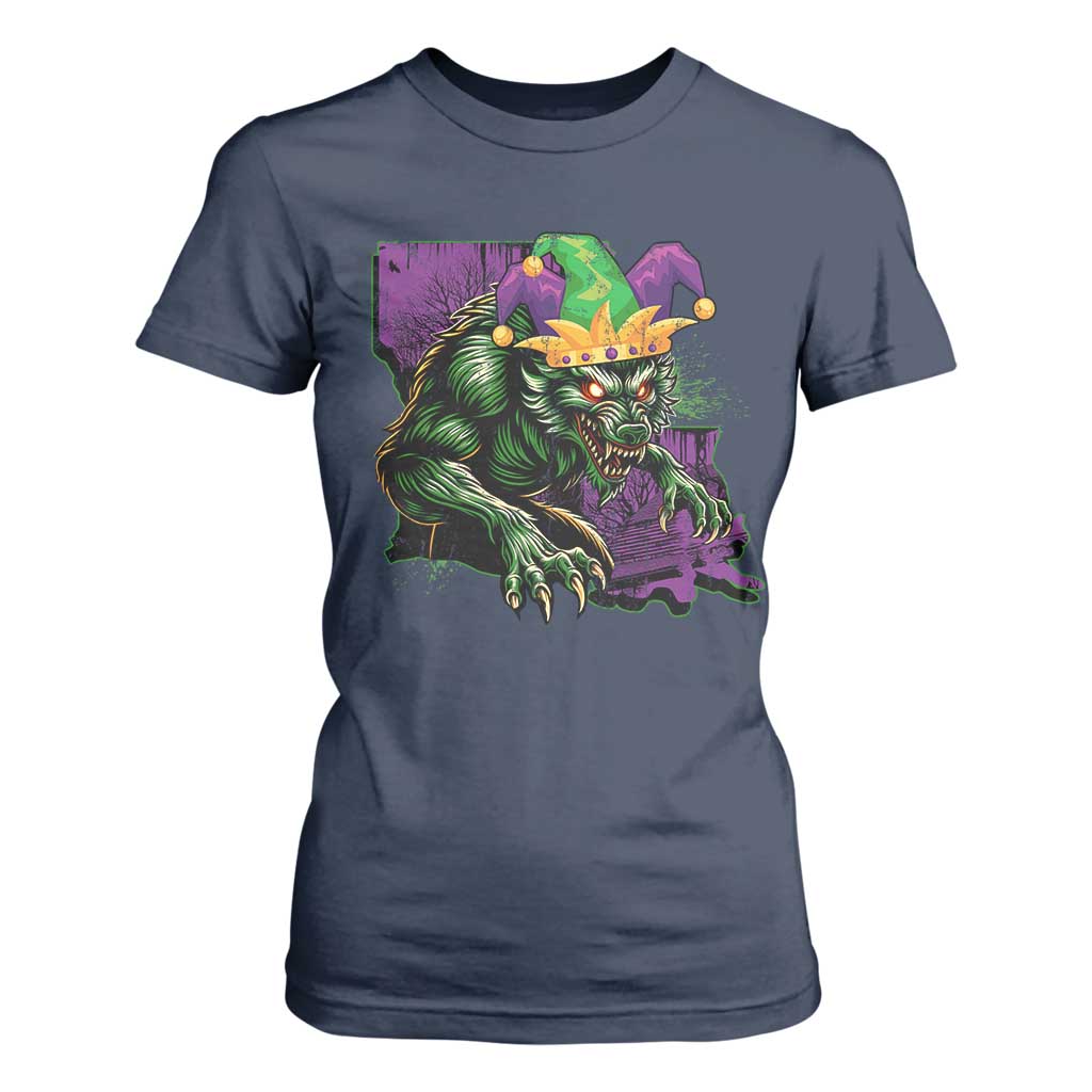 Funny Mardi Gras Rougarou T Shirt For Women Cryptids Of Louisiana Jester Hat TS11 Navy Print Your Wear