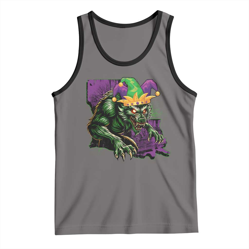 Funny Mardi Gras Rougarou Tank Top Cryptids Of Louisiana Jester Hat TS11 Deep Heather Black Print Your Wear