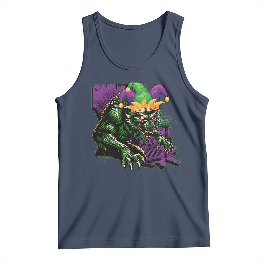 Funny Mardi Gras Rougarou Tank Top Cryptids Of Louisiana Jester Hat TS11 Navy Print Your Wear