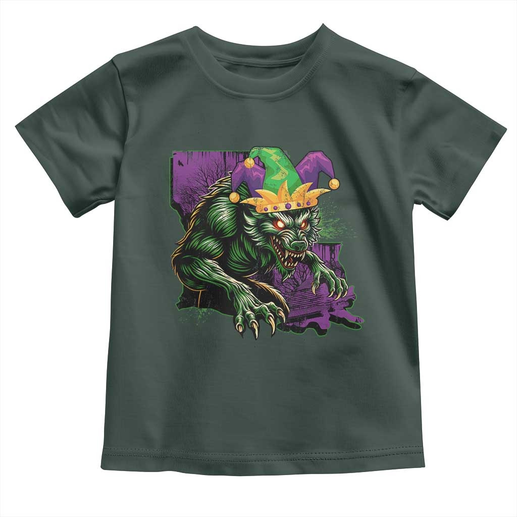 Funny Mardi Gras Rougarou Toddler T Shirt Cryptids Of Louisiana Jester Hat TS11 Dark Forest Green Print Your Wear