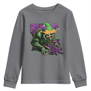 Funny Mardi Gras Rougarou Youth Sweatshirt Cryptids Of Louisiana Jester Hat TS11 Charcoal Print Your Wear