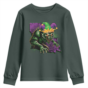 Funny Mardi Gras Rougarou Youth Sweatshirt Cryptids Of Louisiana Jester Hat TS11 Dark Forest Green Print Your Wear