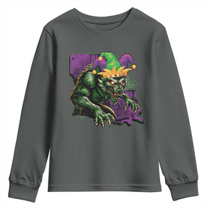 Funny Mardi Gras Rougarou Youth Sweatshirt Cryptids Of Louisiana Jester Hat TS11 Dark Heather Print Your Wear