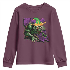 Funny Mardi Gras Rougarou Youth Sweatshirt Cryptids Of Louisiana Jester Hat TS11 Maroon Print Your Wear
