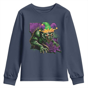 Funny Mardi Gras Rougarou Youth Sweatshirt Cryptids Of Louisiana Jester Hat TS11 Navy Print Your Wear
