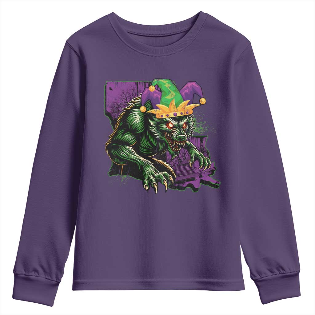 Funny Mardi Gras Rougarou Youth Sweatshirt Cryptids Of Louisiana Jester Hat TS11 Purple Print Your Wear