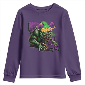 Funny Mardi Gras Rougarou Youth Sweatshirt Cryptids Of Louisiana Jester Hat TS11 Purple Print Your Wear