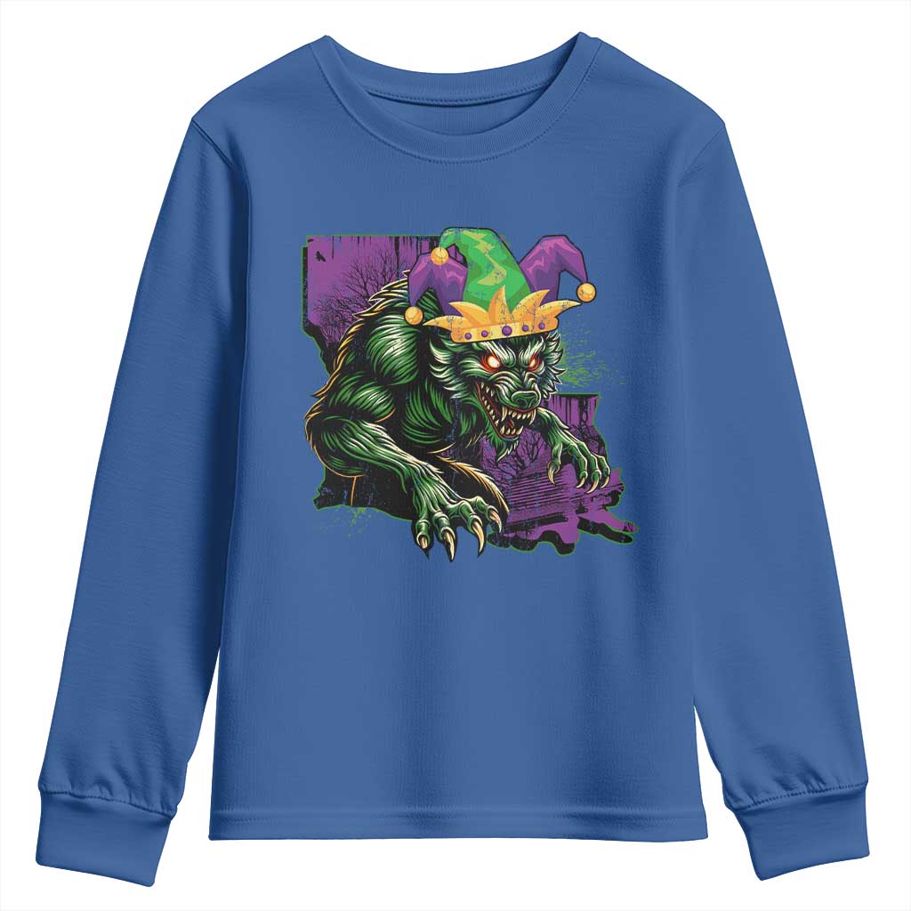 Funny Mardi Gras Rougarou Youth Sweatshirt Cryptids Of Louisiana Jester Hat TS11 Royal Blue Print Your Wear