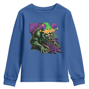 Funny Mardi Gras Rougarou Youth Sweatshirt Cryptids Of Louisiana Jester Hat TS11 Royal Blue Print Your Wear