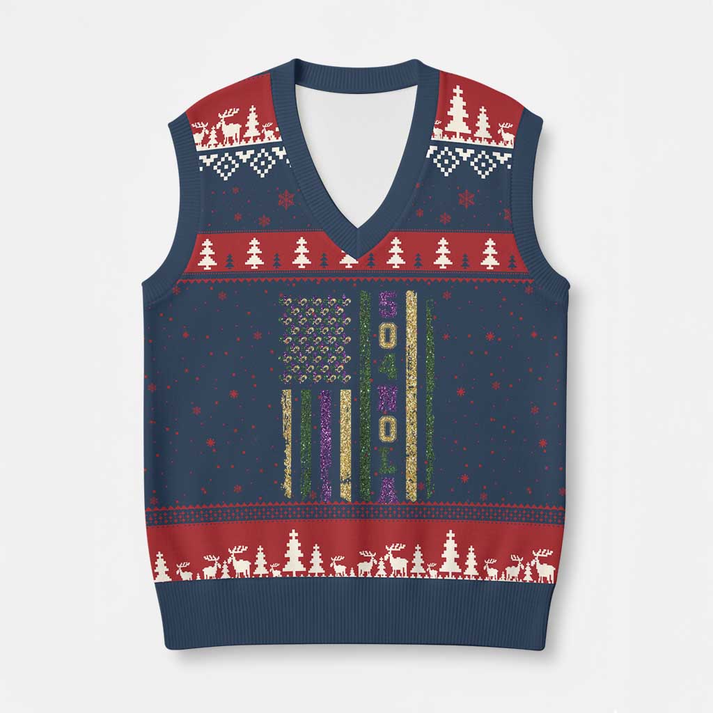 Funny Mardi Gras New Orleans Louisiana V-Neck Knit Sweater Vest 504 Nola Area Code Glitter Print American Flag TS11 Navy Red Print Your Wear