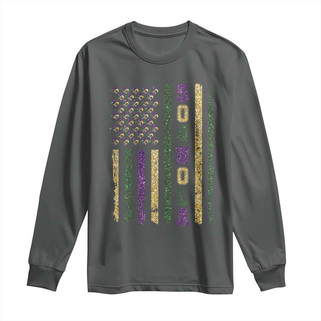 Funny Mardi Gras New Orleans Louisiana Long Sleeve Shirt 504 Nola Area Code Glitter Print American Flag TS11 Dark Heather Print Your Wear