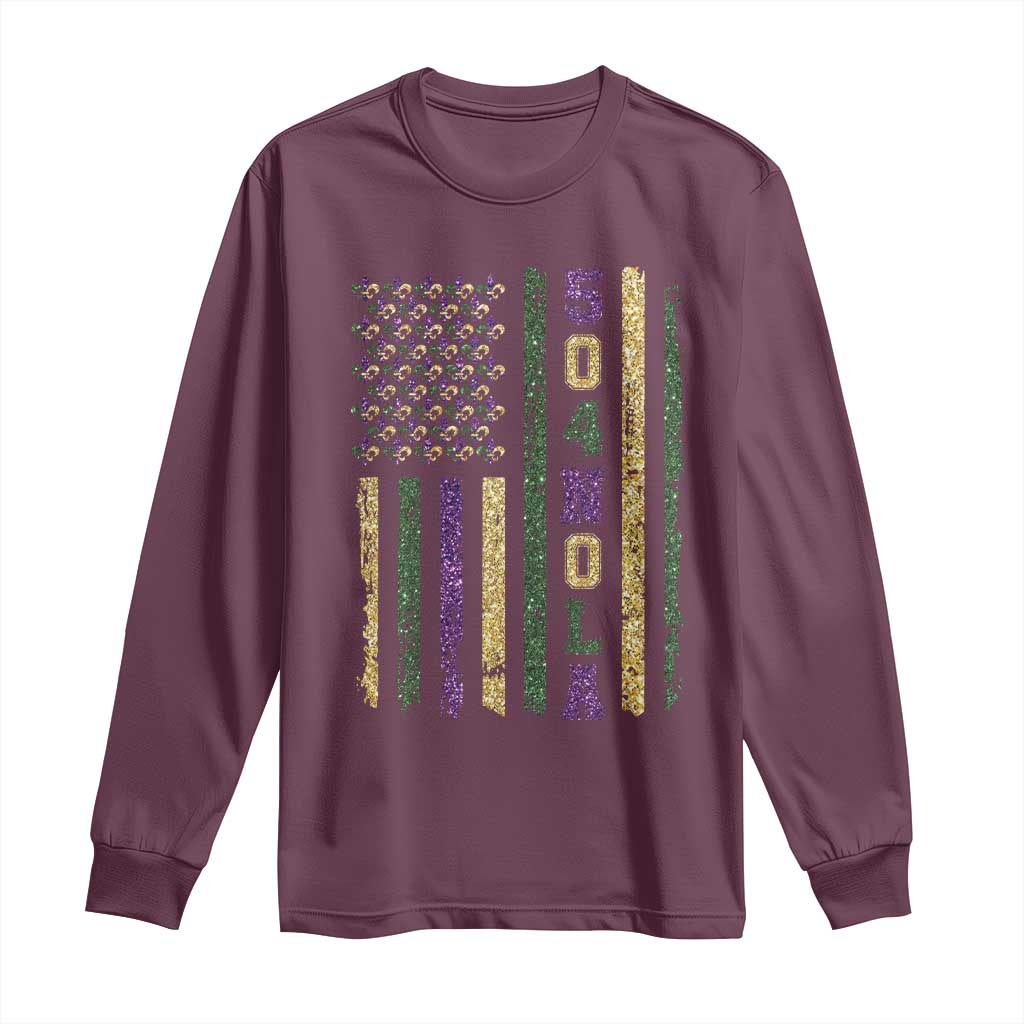 Funny Mardi Gras New Orleans Louisiana Long Sleeve Shirt 504 Nola Area Code Glitter Print American Flag TS11 Maroon Print Your Wear