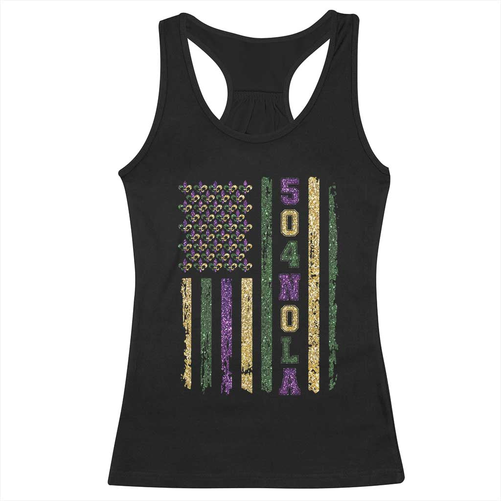 Funny Mardi Gras New Orleans Louisiana Racerback Tank Top 504 Nola Area Code Glitter Print American Flag TS11 Black Print Your Wear
