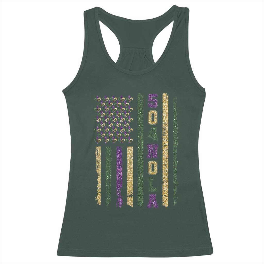 Funny Mardi Gras New Orleans Louisiana Racerback Tank Top 504 Nola Area Code Glitter Print American Flag TS11 Dark Forest Green Print Your Wear
