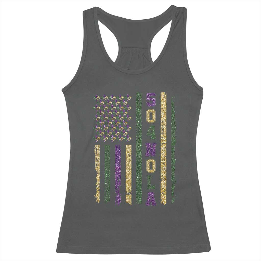 Funny Mardi Gras New Orleans Louisiana Racerback Tank Top 504 Nola Area Code Glitter Print American Flag TS11 Dark Heather Print Your Wear