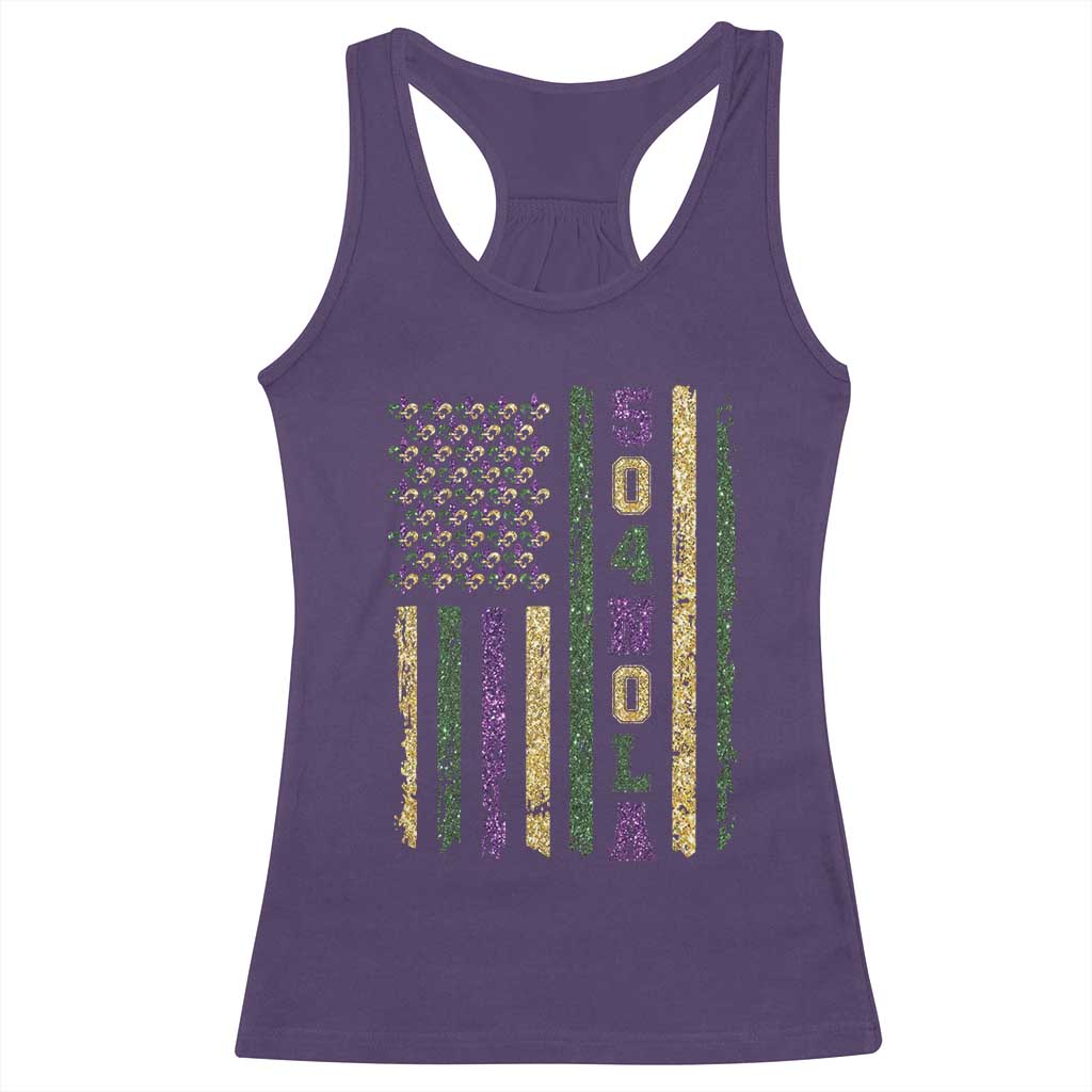 Funny Mardi Gras New Orleans Louisiana Racerback Tank Top 504 Nola Area Code Glitter Print American Flag TS11 Purple Print Your Wear