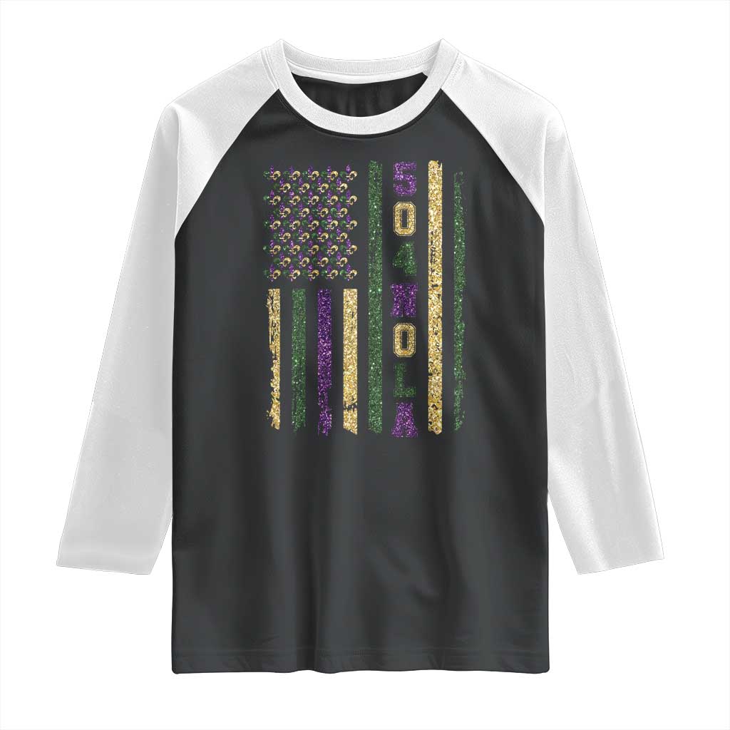 Funny Mardi Gras New Orleans Louisiana Raglan Shirt 504 Nola Area Code Glitter Print American Flag TS11 Black White Print Your Wear