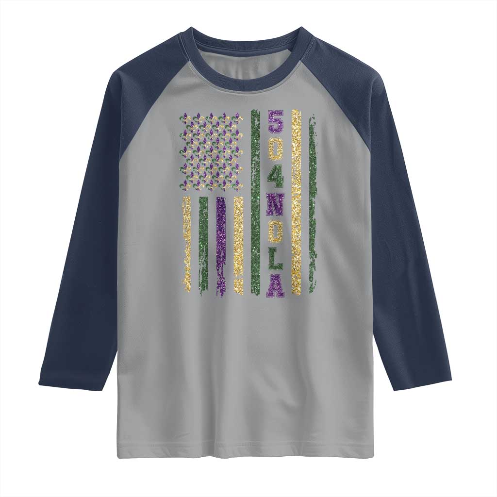 Funny Mardi Gras New Orleans Louisiana Raglan Shirt 504 Nola Area Code Glitter Print American Flag TS11 Sport Gray Navy Print Your Wear