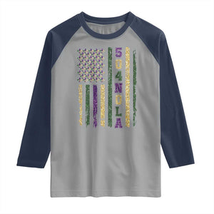 Funny Mardi Gras New Orleans Louisiana Raglan Shirt 504 Nola Area Code Glitter Print American Flag TS11 Sport Gray Navy Print Your Wear