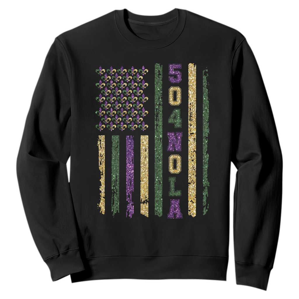 Funny Mardi Gras New Orleans Louisiana Sweatshirt 504 Nola Area Code Glitter Print American Flag TS11 Black Print Your Wear