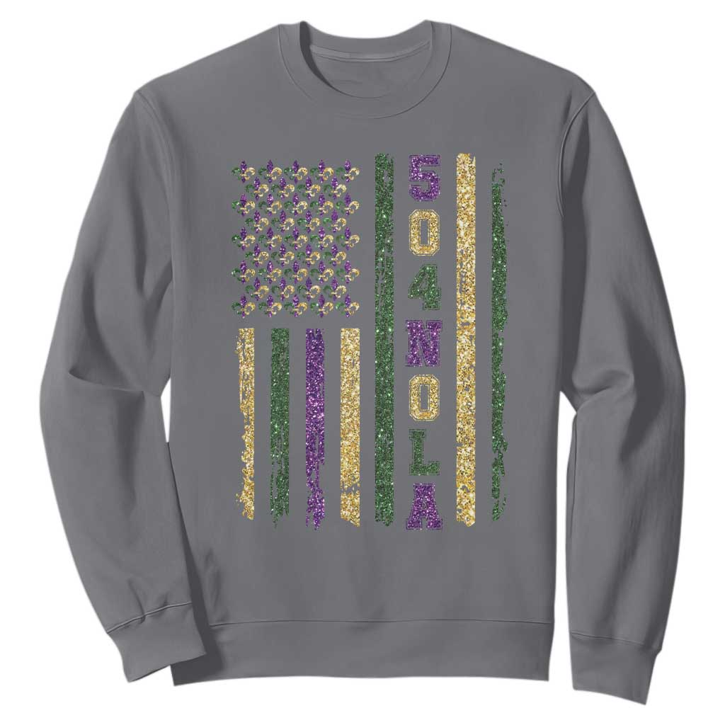 Funny Mardi Gras New Orleans Louisiana Sweatshirt 504 Nola Area Code Glitter Print American Flag TS11 Charcoal Print Your Wear