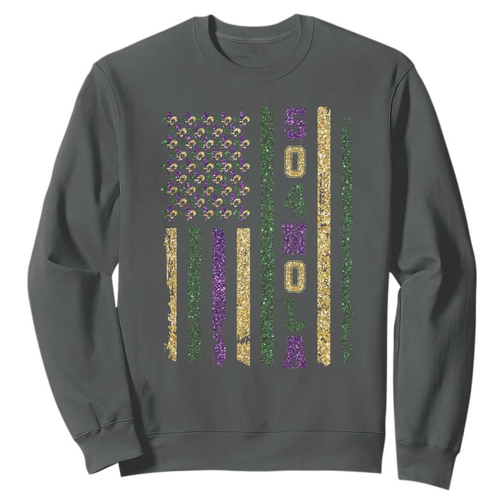Funny Mardi Gras New Orleans Louisiana Sweatshirt 504 Nola Area Code Glitter Print American Flag TS11 Dark Heather Print Your Wear