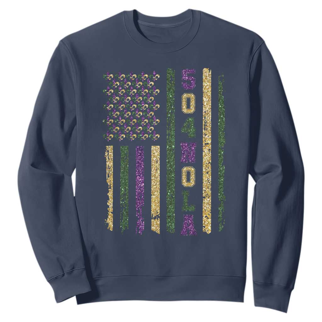 Funny Mardi Gras New Orleans Louisiana Sweatshirt 504 Nola Area Code Glitter Print American Flag TS11 Navy Print Your Wear