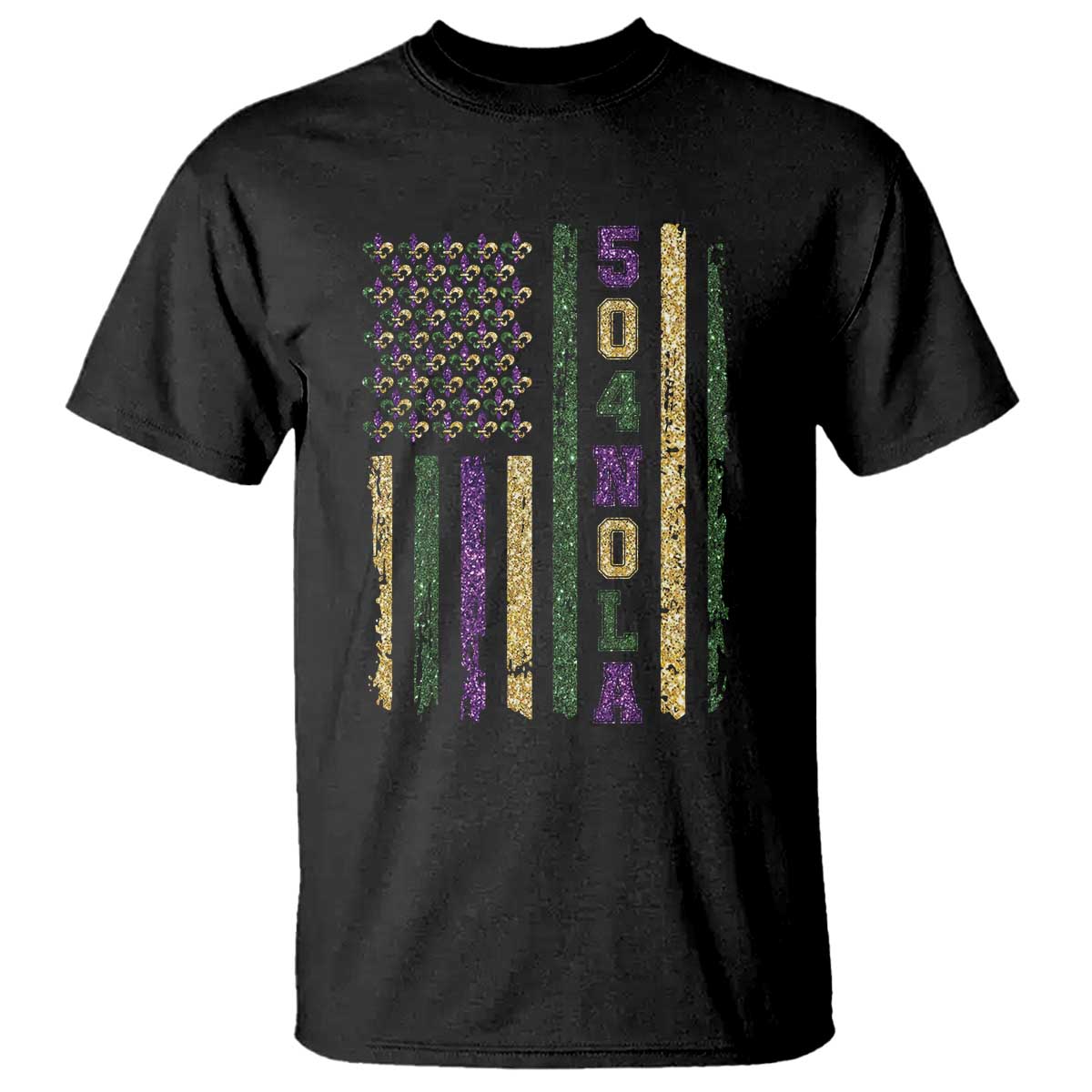 Funny Mardi Gras New Orleans Louisiana T Shirt 504 Nola Area Code Glitter Print American Flag TS11 Black Print Your Wear