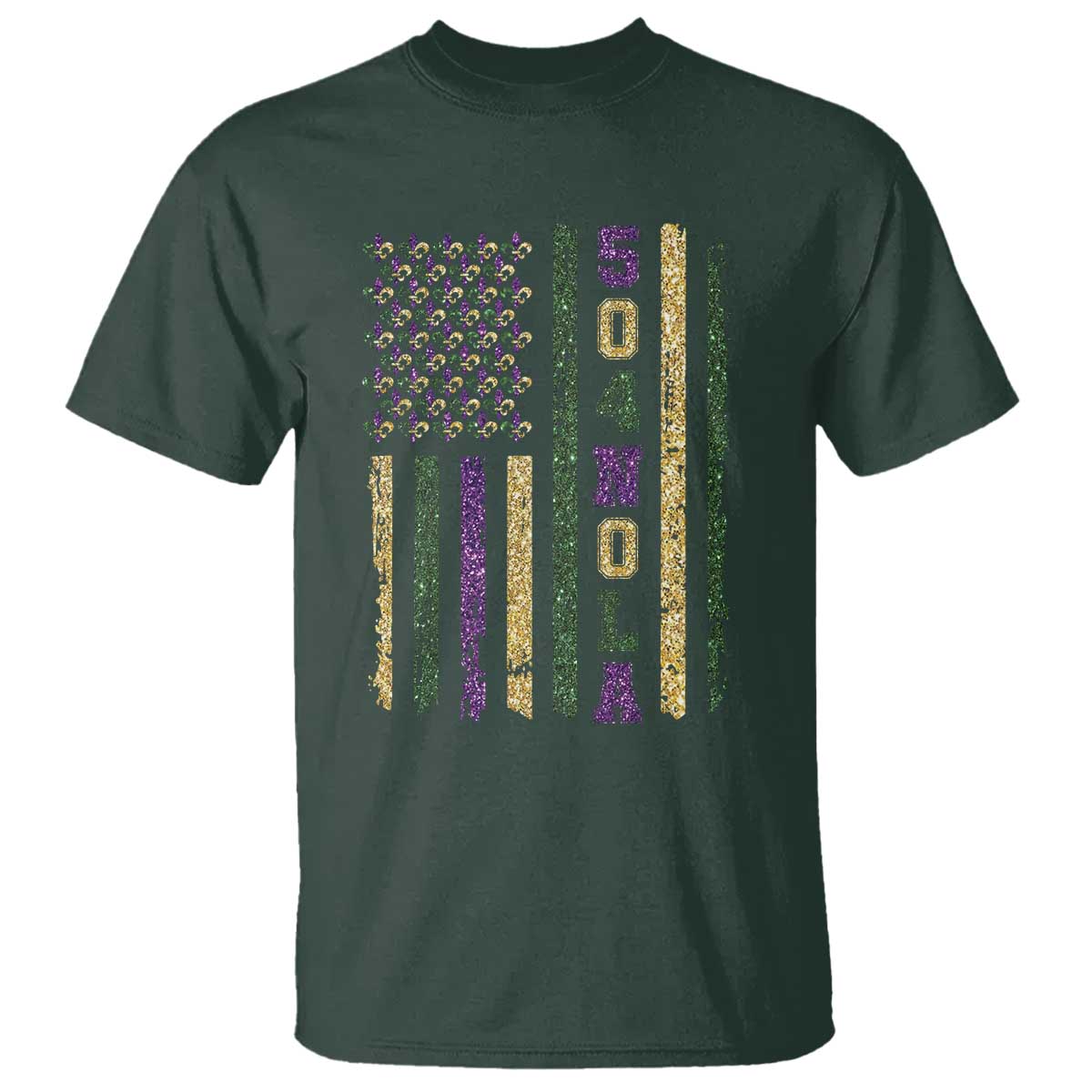Funny Mardi Gras New Orleans Louisiana T Shirt 504 Nola Area Code Glitter Print American Flag TS11 Dark Forest Green Print Your Wear