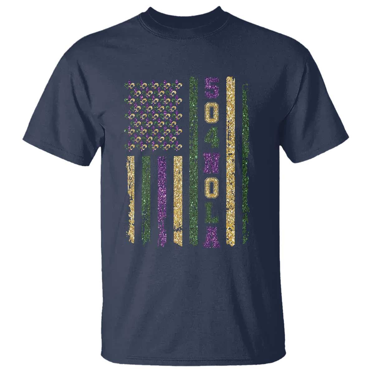 Funny Mardi Gras New Orleans Louisiana T Shirt 504 Nola Area Code Glitter Print American Flag TS11 Navy Print Your Wear