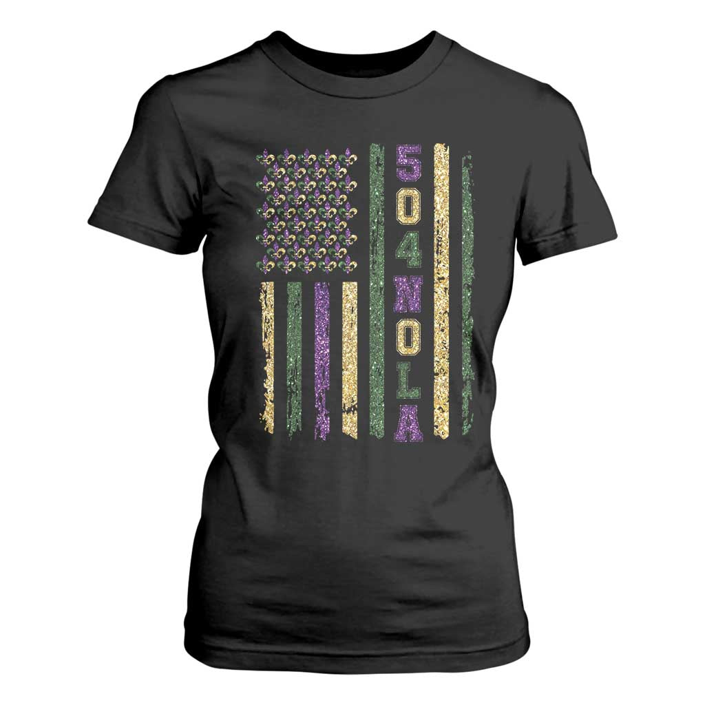 Funny Mardi Gras New Orleans Louisiana T Shirt For Women 504 Nola Area Code Glitter Print American Flag TS11 Black Print Your Wear