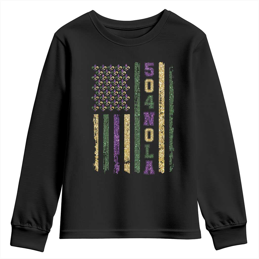 Funny Mardi Gras New Orleans Louisiana Youth Sweatshirt 504 Nola Area Code Glitter Print American Flag TS11 Black Print Your Wear