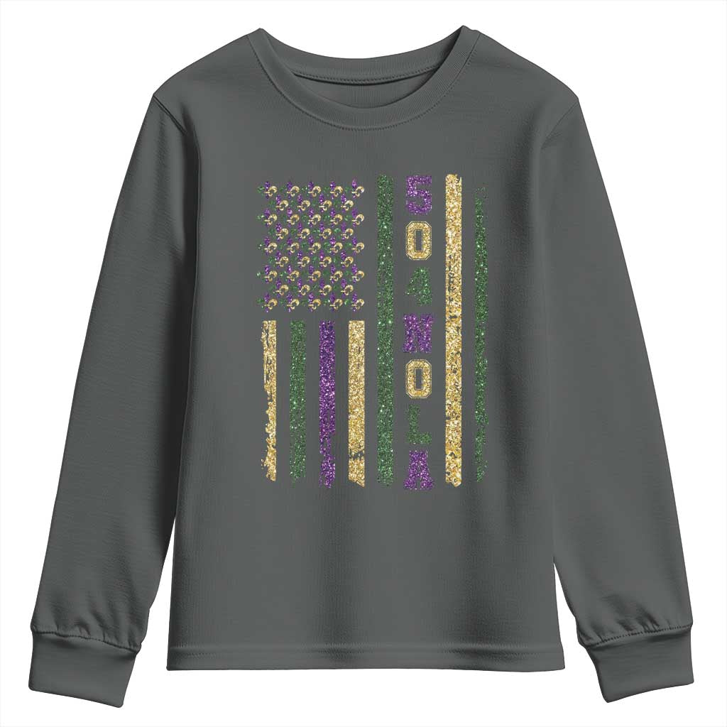 Funny Mardi Gras New Orleans Louisiana Youth Sweatshirt 504 Nola Area Code Glitter Print American Flag TS11 Dark Heather Print Your Wear