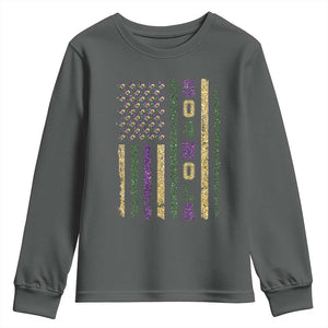 Funny Mardi Gras New Orleans Louisiana Youth Sweatshirt 504 Nola Area Code Glitter Print American Flag TS11 Dark Heather Print Your Wear